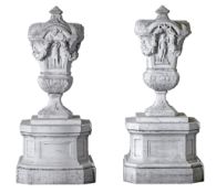 A pair of Italian sculpted white marble urns, 17th century  A pair of Italian sculpted white