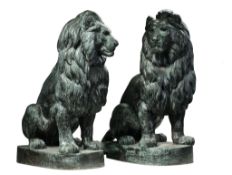 A pair of French electrotype copper coated cast iron models of lions  A pair of French electrotype