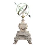A bronze and wrought iron armillary sphere mounted onto a terracotta pedestal  A bronze and