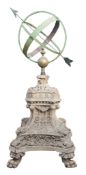 A bronze and wrought iron armillary sphere mounted onto a terracotta pedestal  A bronze and