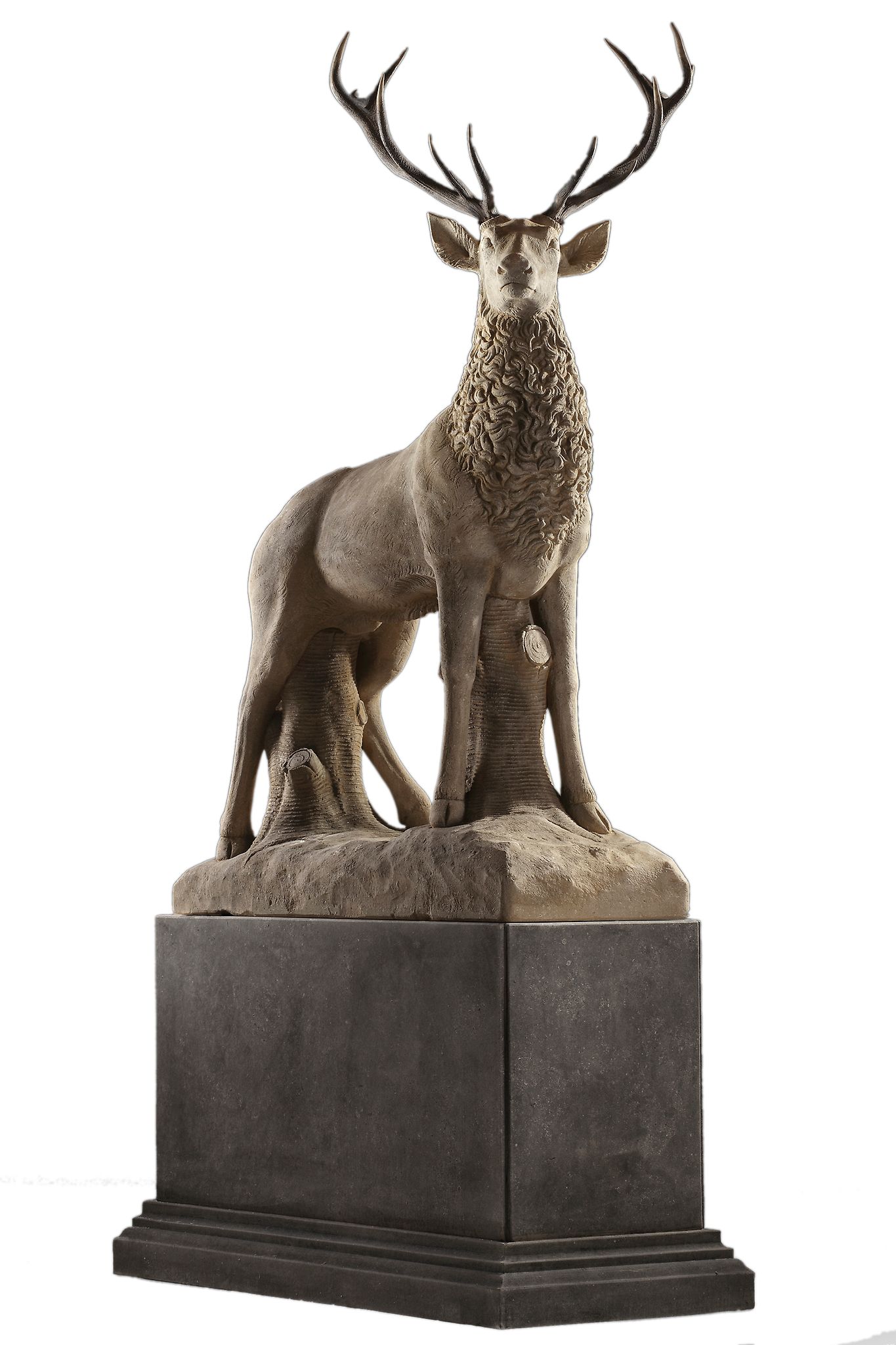 A large and impressive sculpted limestone and antler mounted model of a stag  A large and impressive