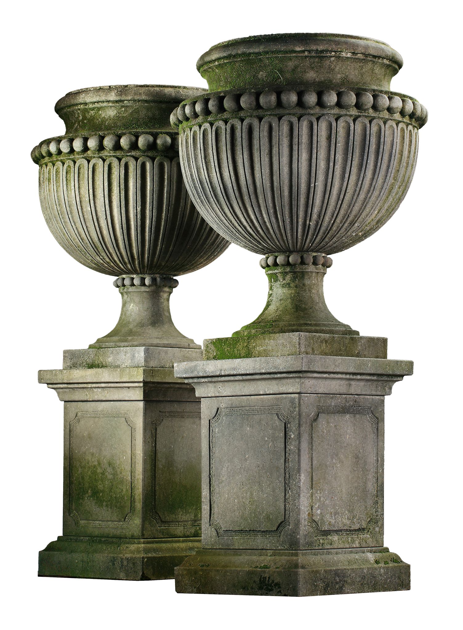 A pair of large and impressive Italian carved limestone garden urns in... A pair of large and