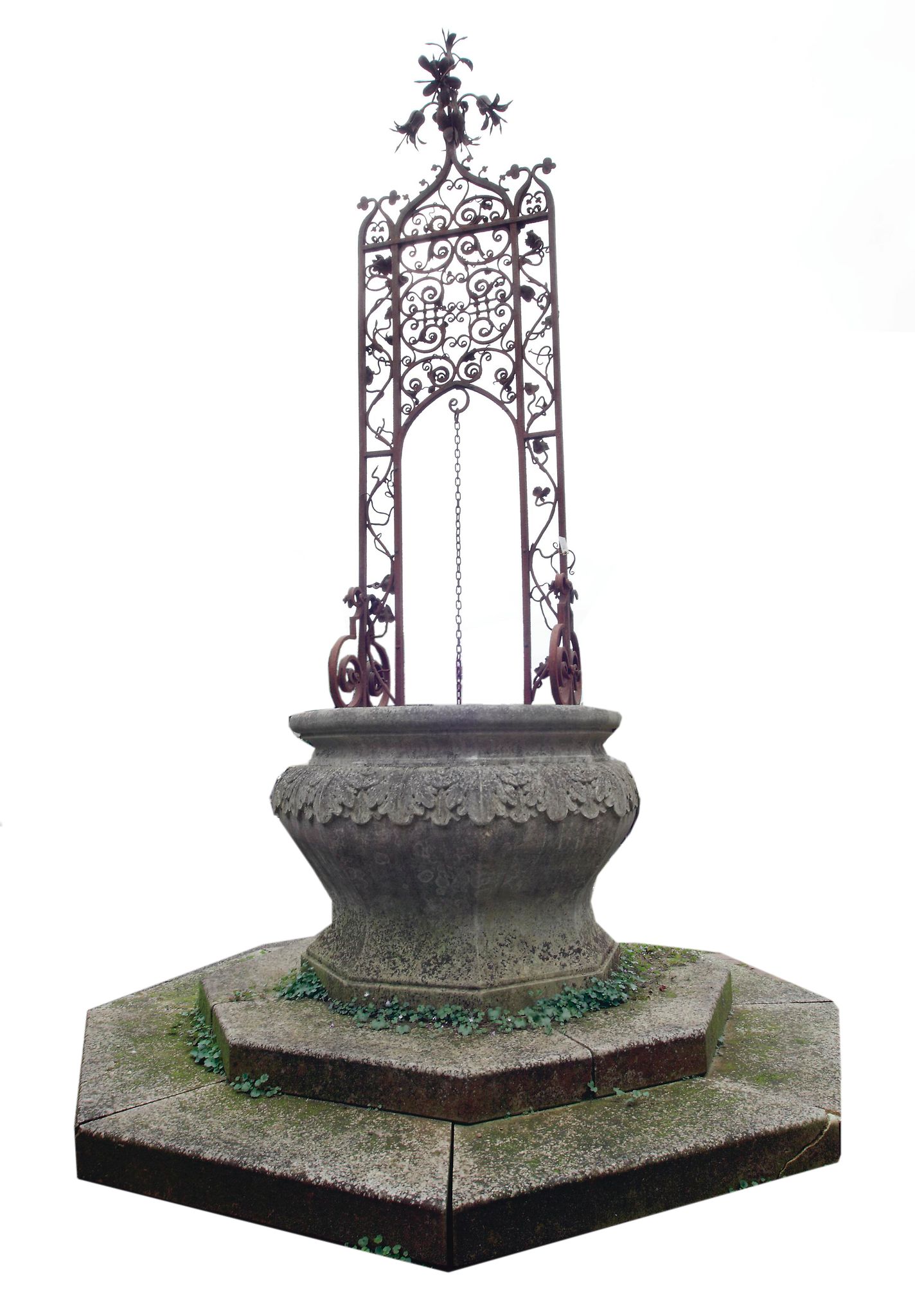 A carved limestone and wrought iron mounted wellhead  A carved limestone and wrought iron mounted