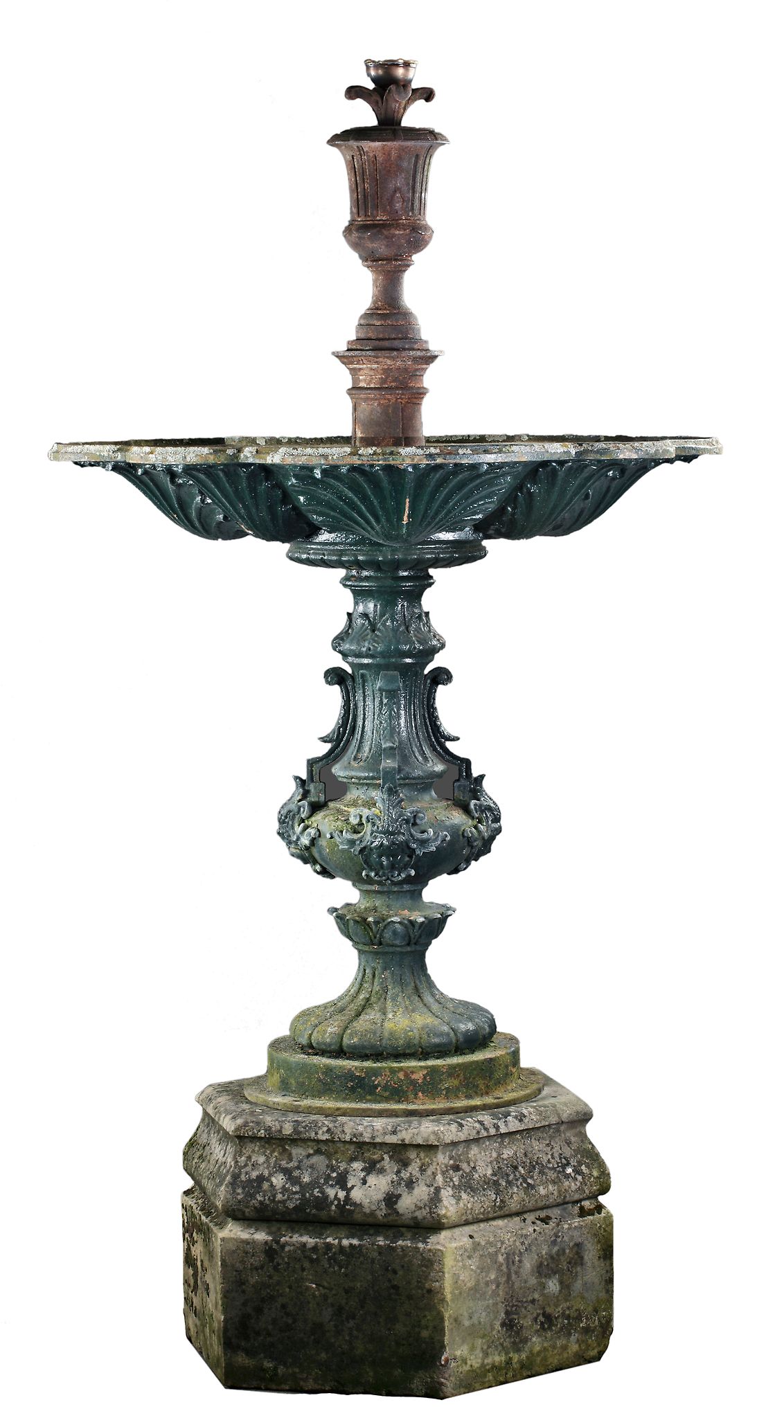 A cast iron and limestone mounted fountain, late 19th century  A cast iron and limestone mounted