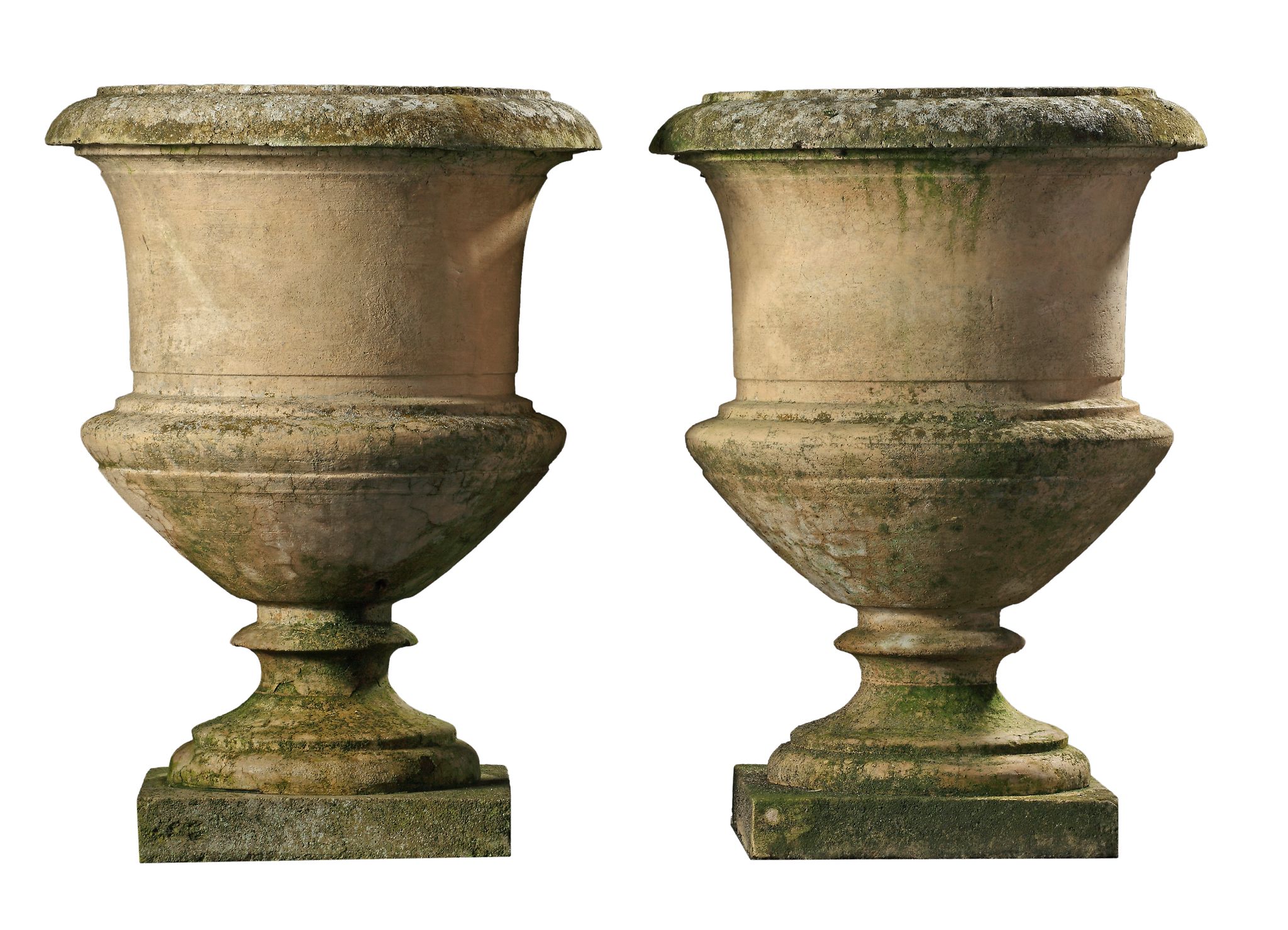 A pair of stone composition garden urns, early 20th century  A pair of stone composition garden