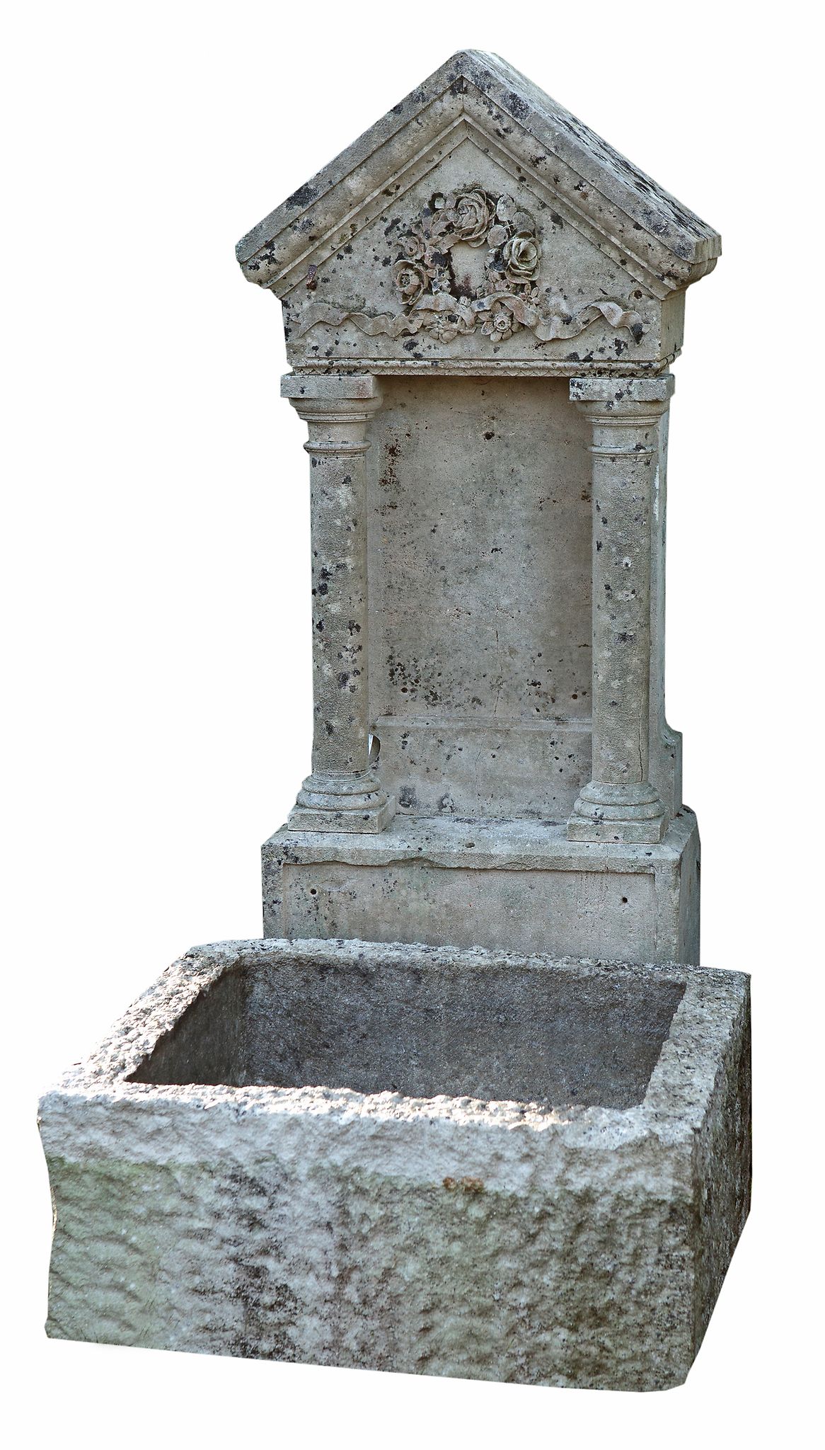 A French carved limestone wall fount with basin, 19th century  A French carved limestone wall