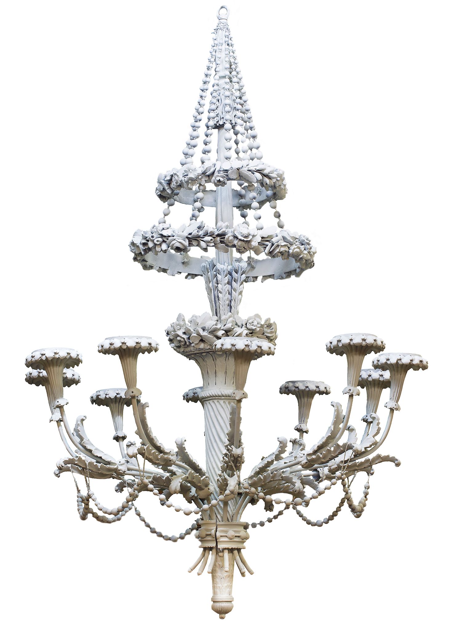 A Continental painted, carved wood and composition ten light chandelier in...  A Continental
