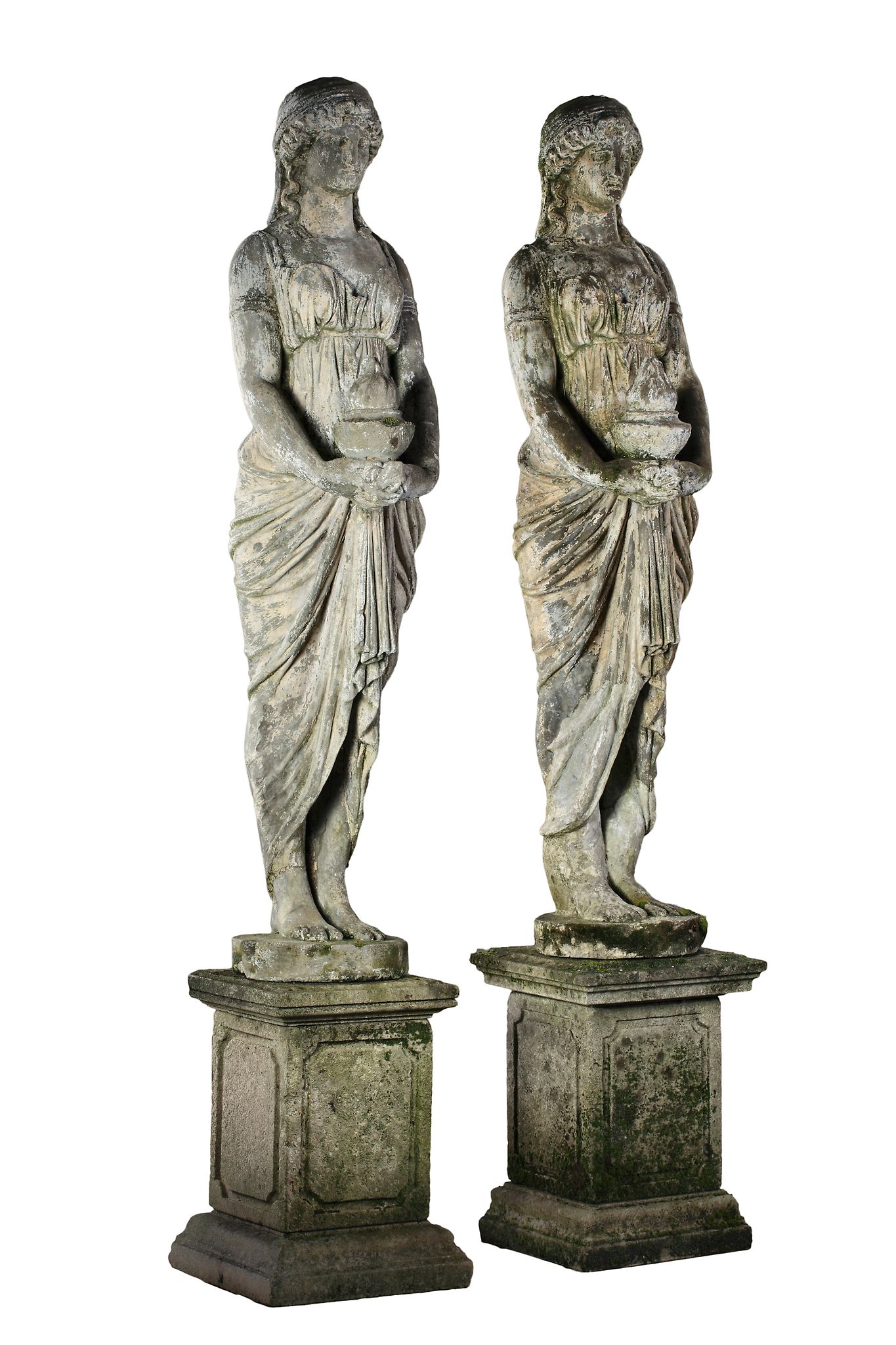 A pair of stone composition models of maidens, early 20th century  A pair of stone composition