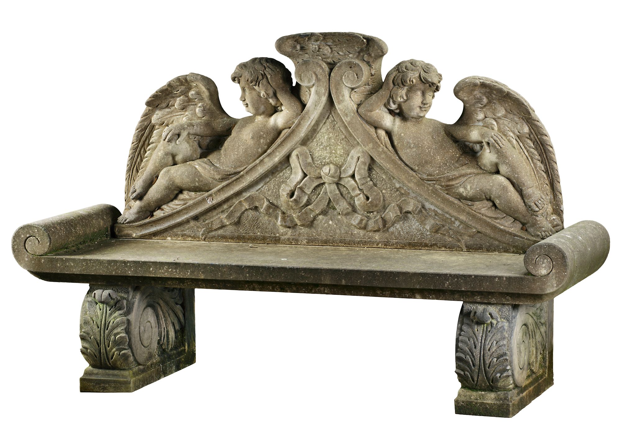 A carved limestone garden bench in Louis XIV style , 20th century  A carved limestone garden bench