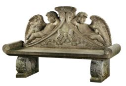 A carved limestone garden bench in Louis XIV style , 20th century  A carved limestone garden bench