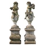 A pair of sculpted limestone models of musical putti , 20th century  A pair of sculpted limestone