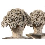 A pair of large Continental sculpted limestone baskets of flowers in 18th...  A pair of large