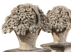 A pair of large Continental sculpted limestone baskets of flowers in 18th...  A pair of large
