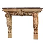 A Continental sculpted terracotta and marble mounted chimneypiece in...  A Continental sculpted