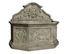 A Continental carved limestone wall fountain in early 17th century style  A Continental carved