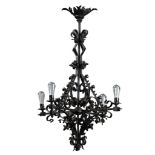 A Continental wrought iron four light chandelier, early 20th century  A Continental wrought iron