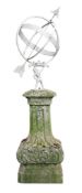 A wrought iron armillary sphere mounted onto a carved limestone pedestal  A wrought iron armillary
