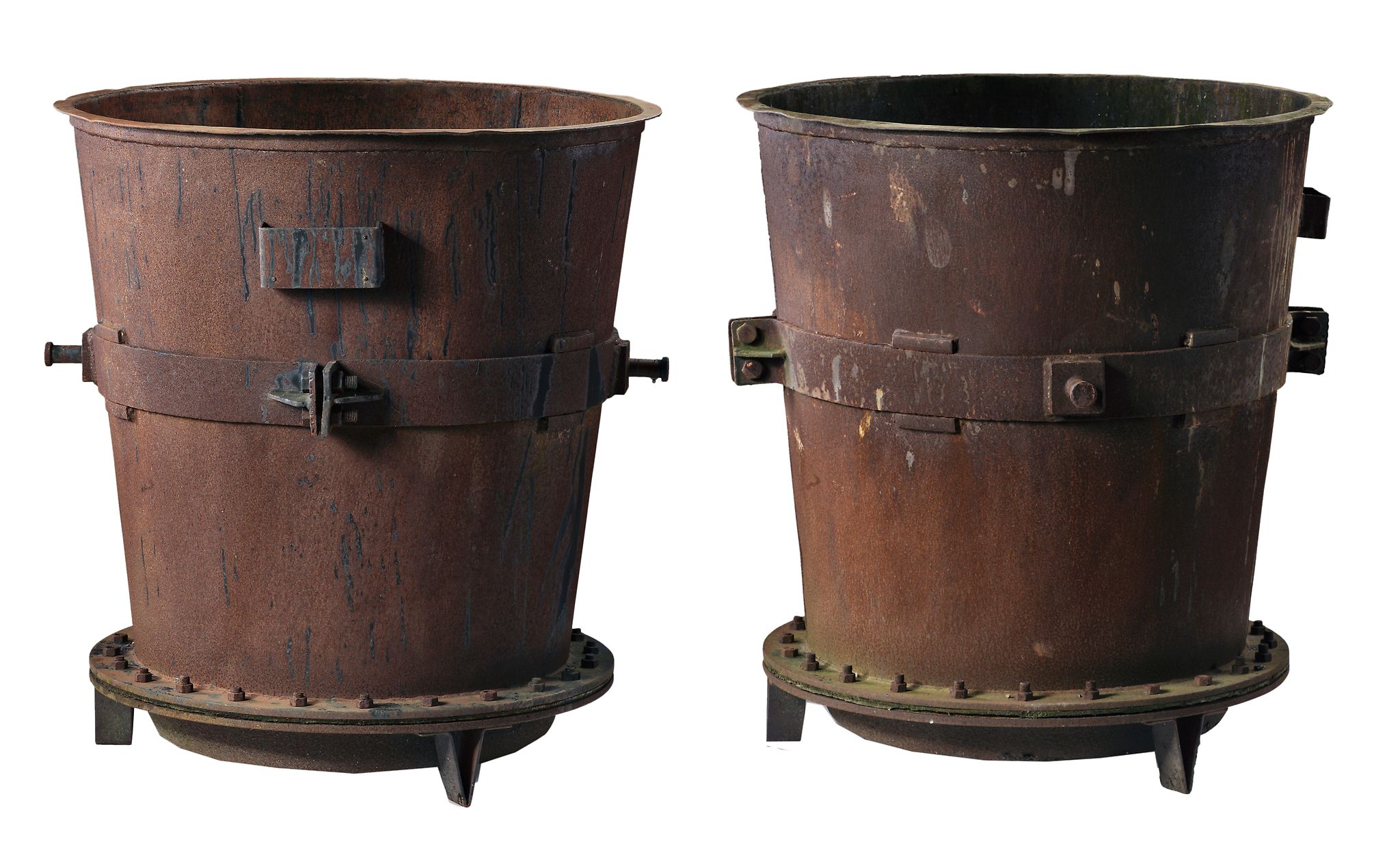 A pair of large wrought and sheet iron industrial vats  A pair of large wrought and sheet iron