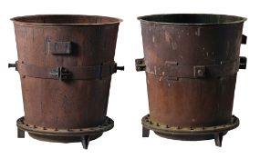 A pair of large wrought and sheet iron industrial vats  A pair of large wrought and sheet iron