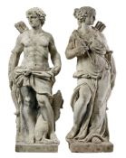 A pair of Italian sculpted limestone models of Diana and Apollo, 20th century  A pair of Italian