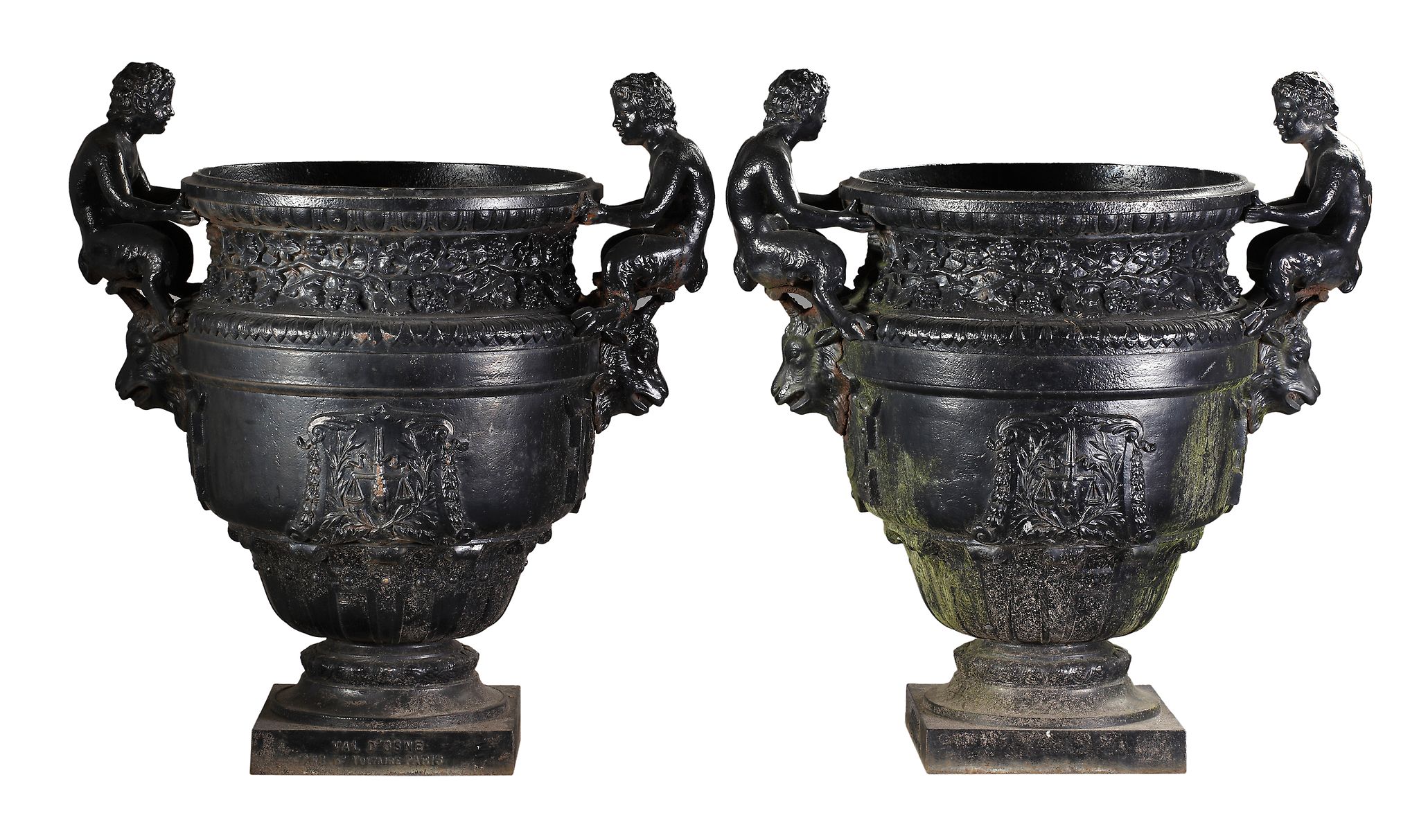 A pair of French cast iron vases after Calla's bronze urn at Versailles  A pair of French cast