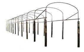 A wrought iron and oak mounted pathway bower frame  A wrought iron and oak mounted pathway bower