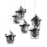 A set of six painted metal and moulded glass pendant ceiling lights  A set of six painted metal