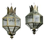 A pair of metal and glazed octoganal section lanterns, 20th century  A pair of metal and glazed