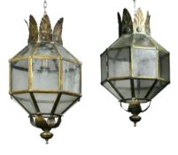 A pair of metal and glazed octoganal section lanterns, 20th century  A pair of metal and glazed