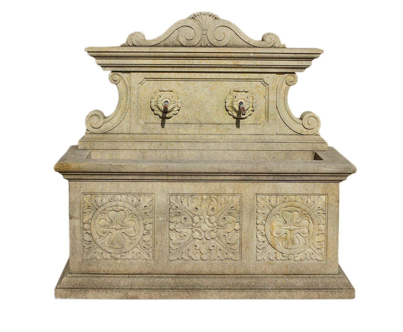 A Continental carved limestone wall fountain in early 17th century style  A Continental carved