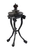 A Continental painted cast iron flambeau urn on stand garden centrepiece  A Continental painted cast