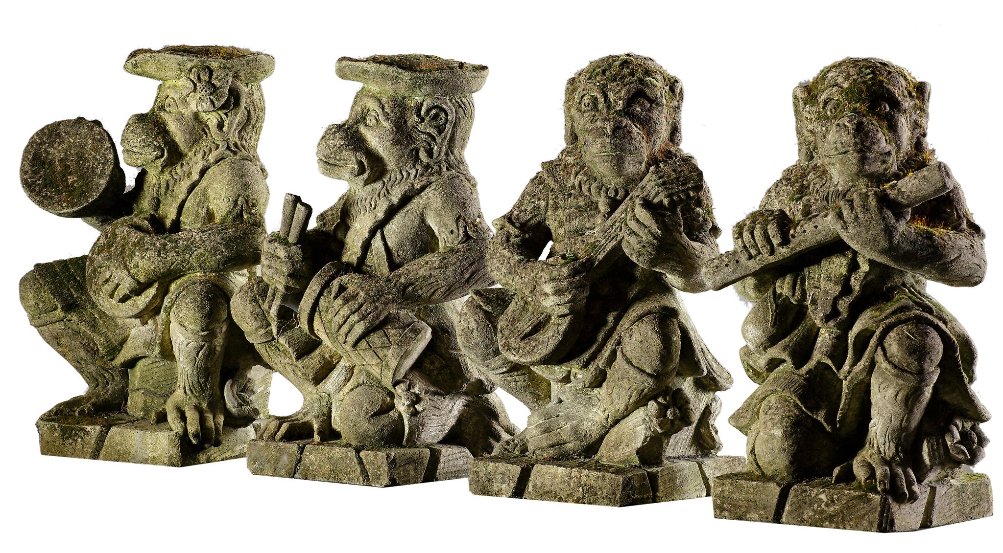 A set of four sculpted limestone models of monkey musicians, 20th century  A set of four sculpted