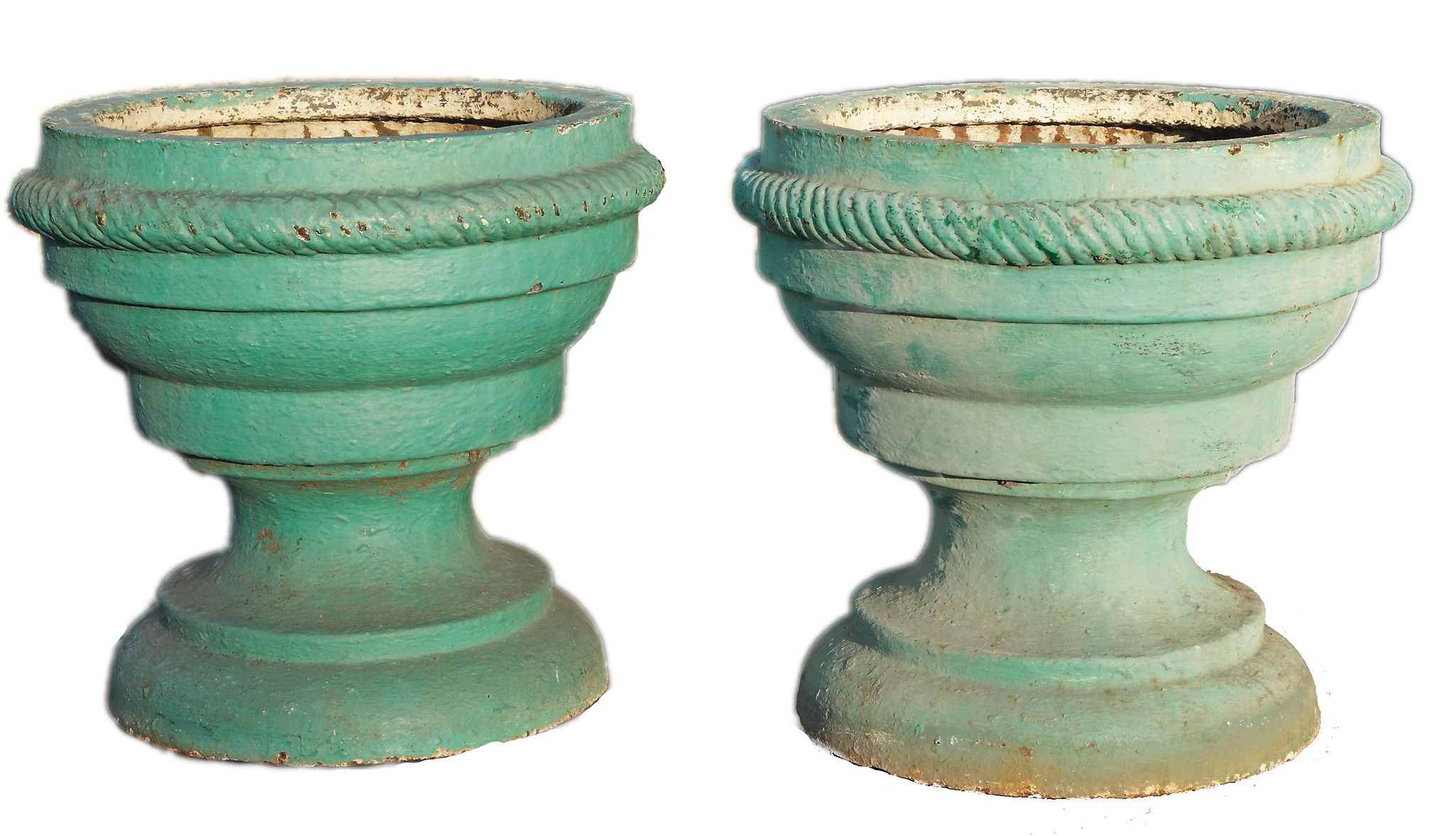 A pair of Continental blue painted cast iron garden urns, 18th century  A pair of Continental blue
