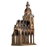 A fine French stained walnut architectural model of a gothic edifice  A fine French stained walnut