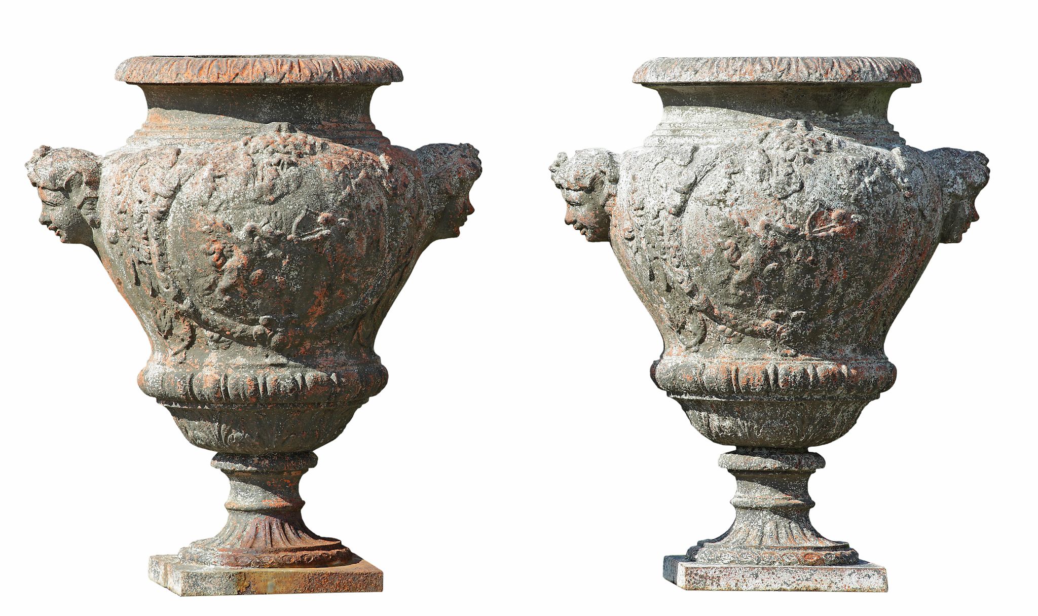 A pair of Continental cast iron garden urns, 19th century  A pair of Continental cast iron garden