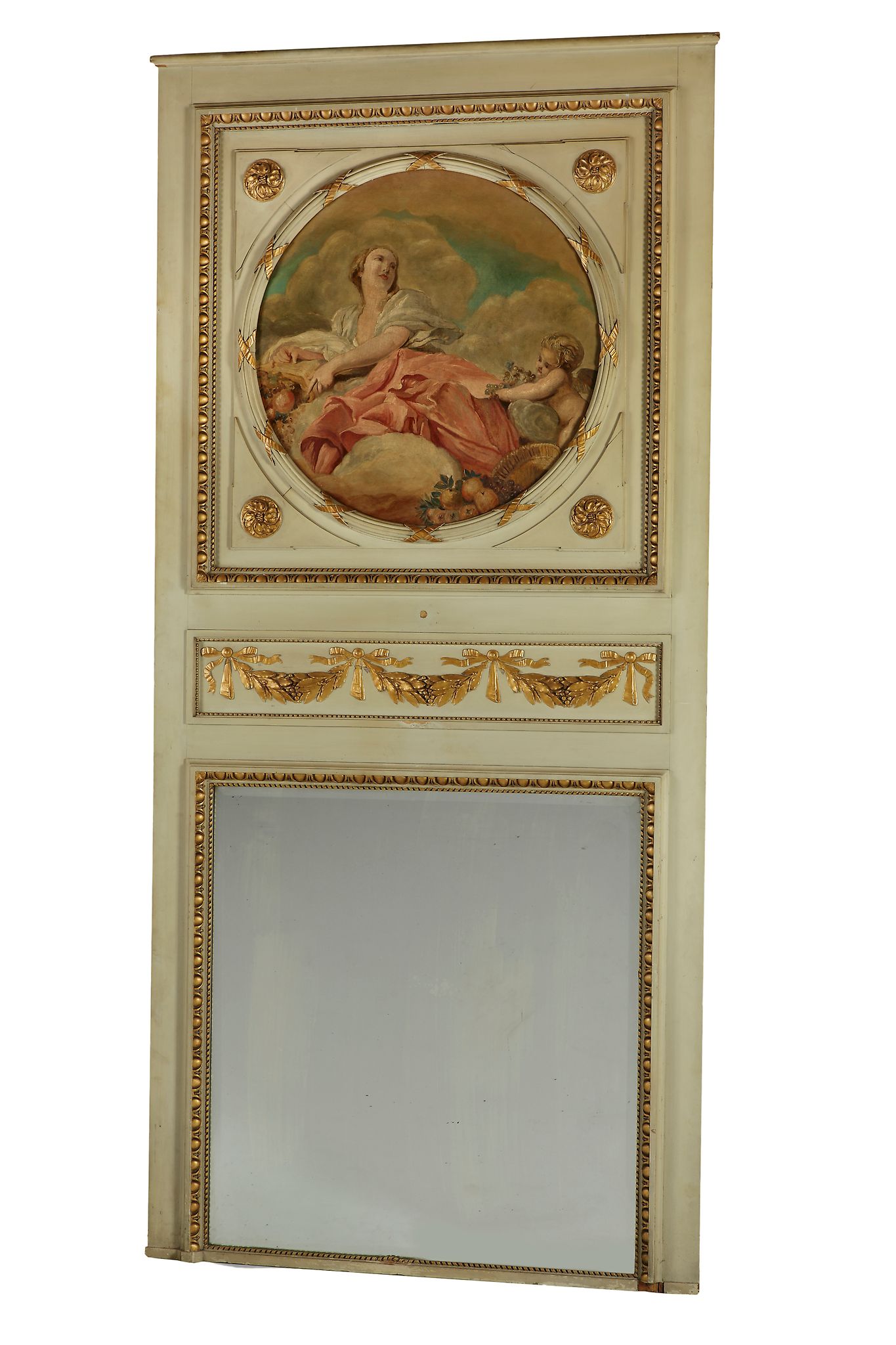 A French painted and parcel gilt trumeau mirror in Louis XVI taste  A French painted and parcel gilt