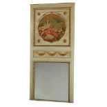 A French painted and parcel gilt trumeau mirror in Louis XVI taste  A French painted and parcel gilt