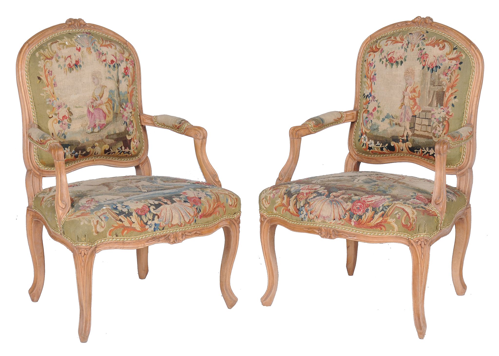 A pair of beech fauteuils in Louis XV style, late 19th/early 20th century  A pair of beech fauteuils