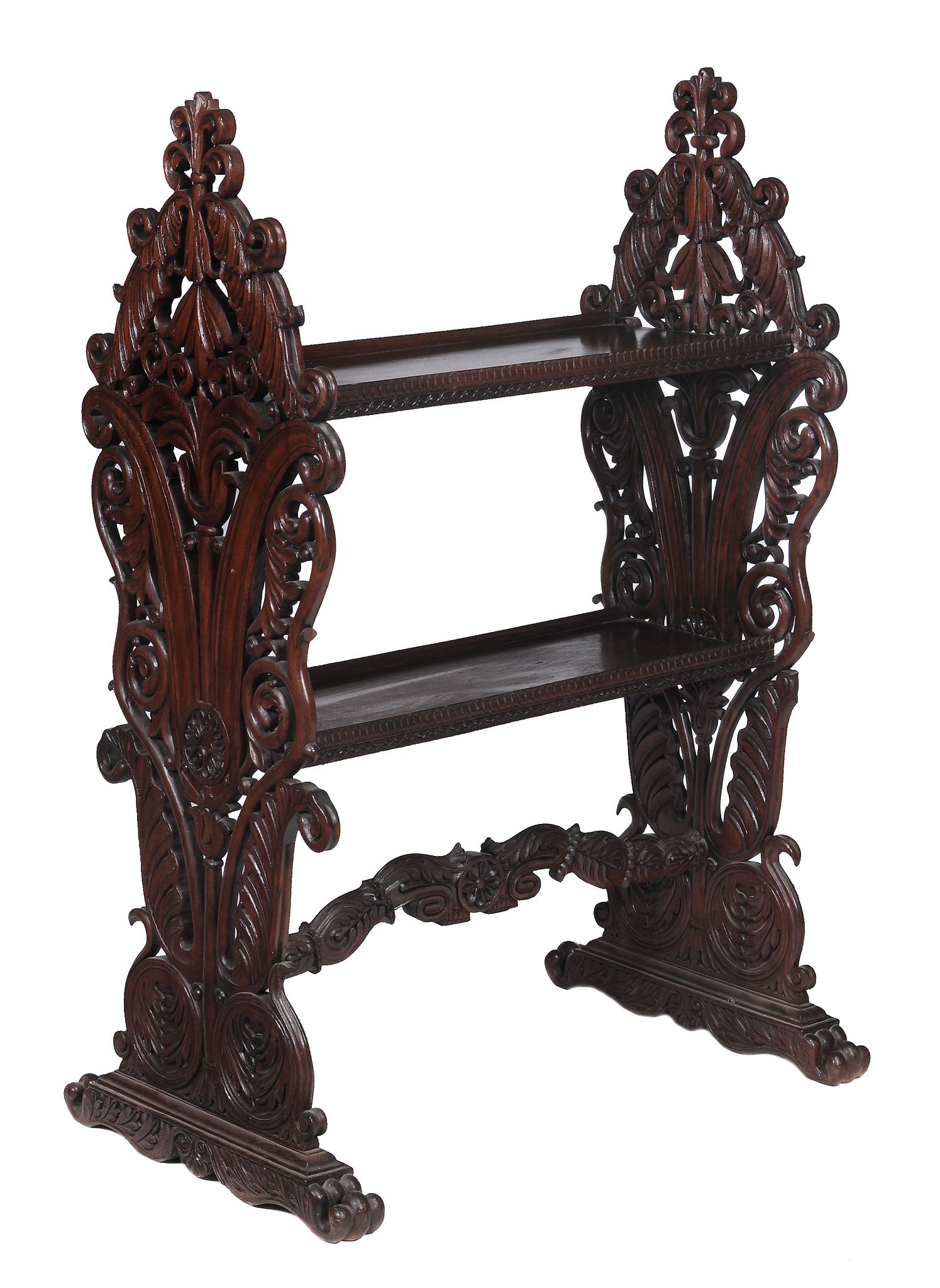 An Anglo-Indian carved hardwood two tier etagere , circa 1840  An Anglo-Indian carved hardwood two