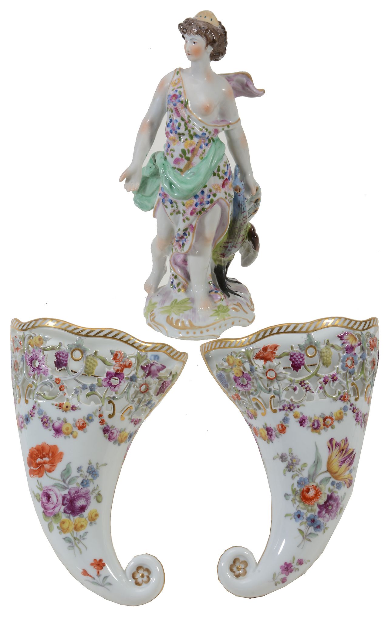 A pair of Dresden porcelain pierced wall pockets, circa 1900, 19  A pair of Dresden porcelain