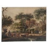 Dutch School (19th Century) - Cattle wattering in a woodland setting with horse and carriages and