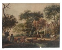 Dutch School (19th Century) - Cattle wattering in a woodland setting with horse and carriages and
