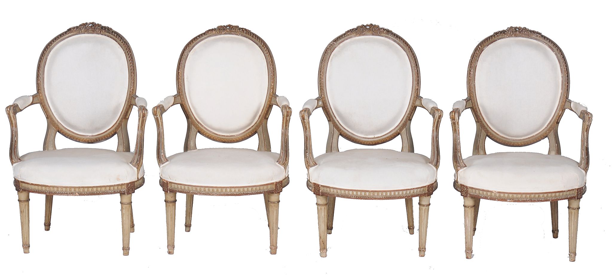A set of four oval back painted open armchairs in Louis XVI style  A set of four oval back painted