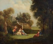 French School (19th Century) - A garden party; figures resting by a pond, with classical sculpture