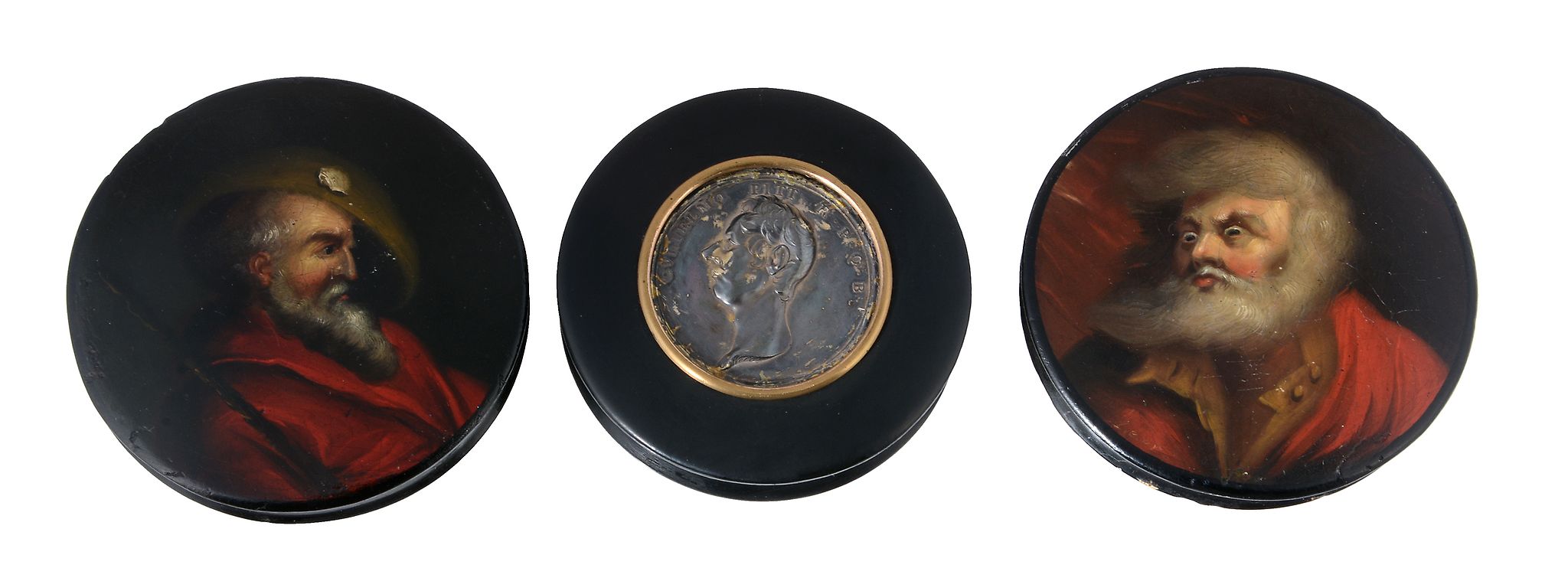 Two German lacquered and painted papier mache snuff boxes, circa 1800  Two German lacquered and