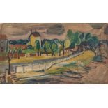 Anita de Caro (1909-1998) - Lakeside road, with boats in the foreground, and houses and trees beyond