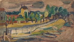 Anita de Caro (1909-1998) - Lakeside road, with boats in the foreground, and houses and trees beyond