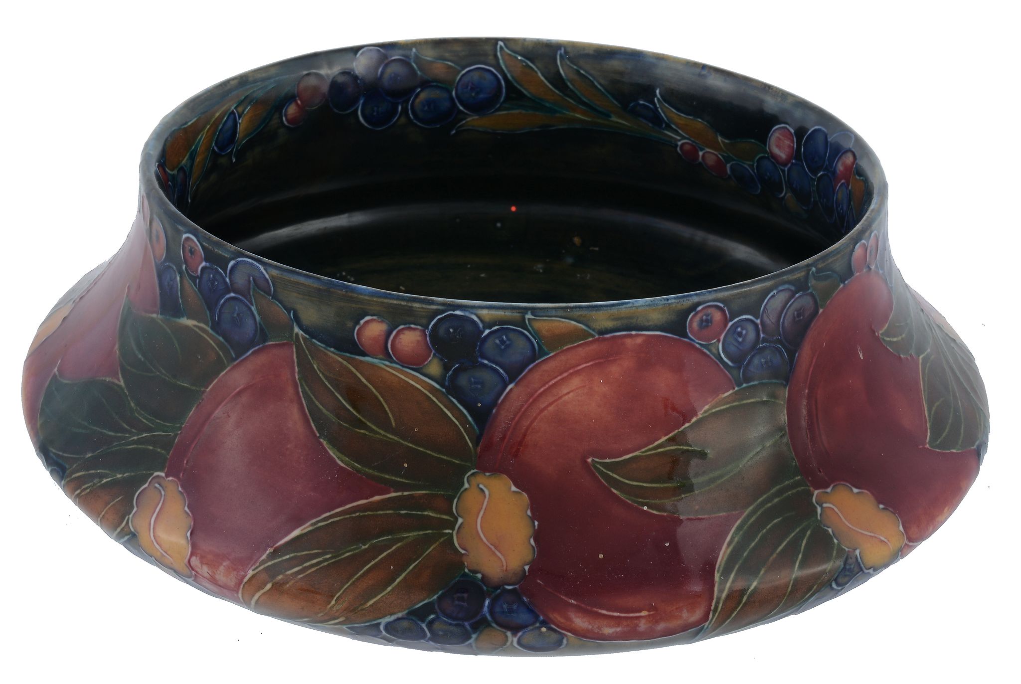 Pomegranate, a Moorcroft slope-sided bowl,   green painted signature, 19.5cm diameter