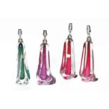 Four Val St Lambert twisted colour glass table lamps,   1960s, one light pink, two darker pink and