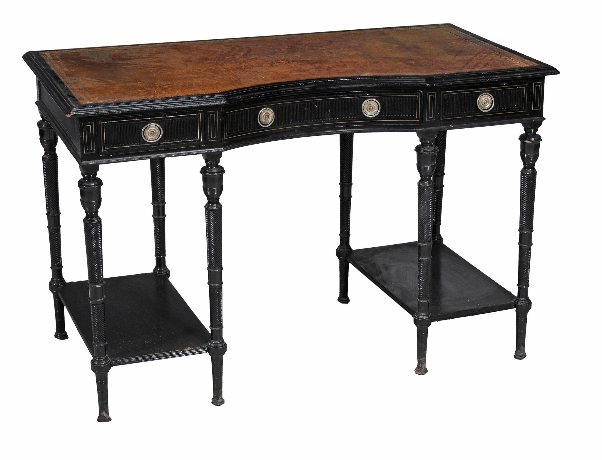 An Aesthetic ebonised writing table by Collinson  &  Lock  , circa 1890, the gilt tooled leather - Image 2 of 3